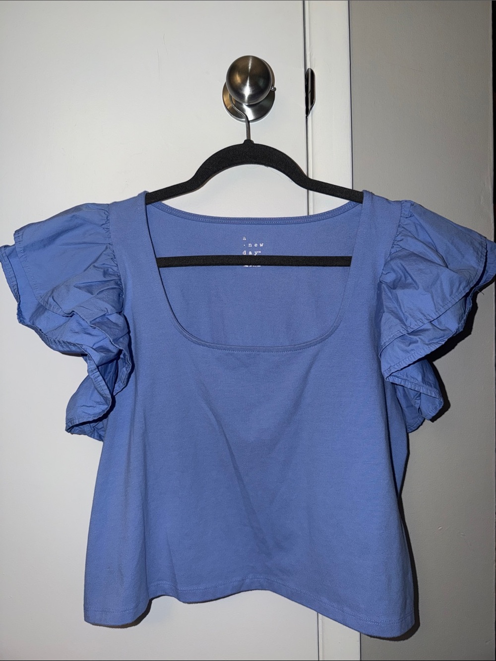 a new day Periwinkle Square Neck Ruffle Sleeve Crop Top